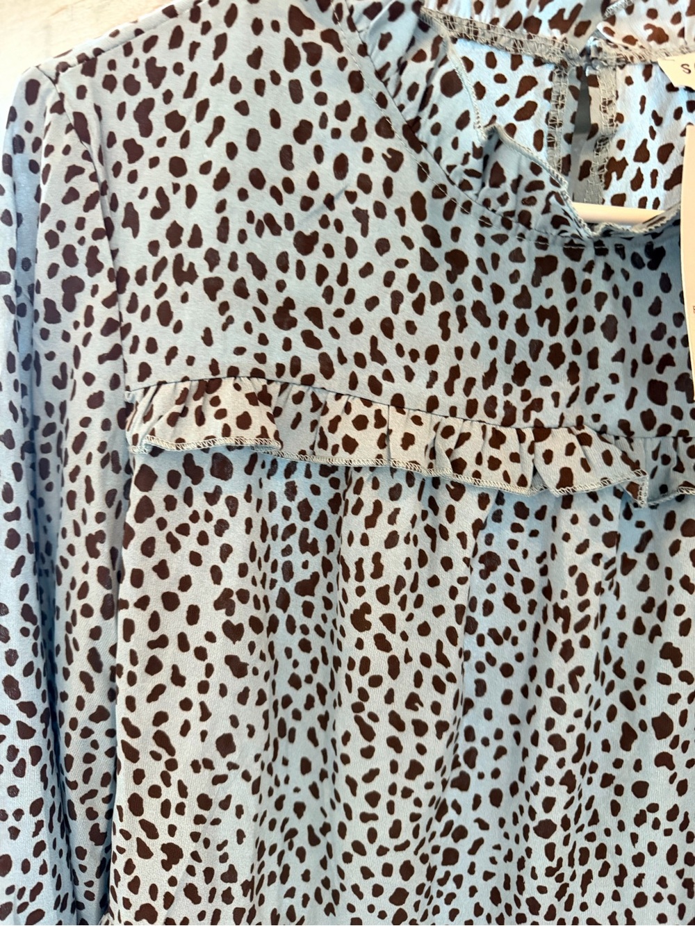 High-Neck Blue Leopard Print Ruffle Blouse - Picture 4 of 8